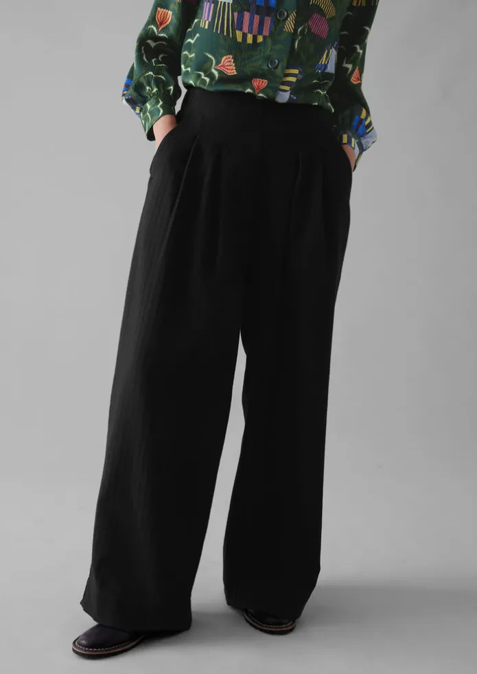 Corinne Wool Cotton Herringbone Wide Leg Trousers