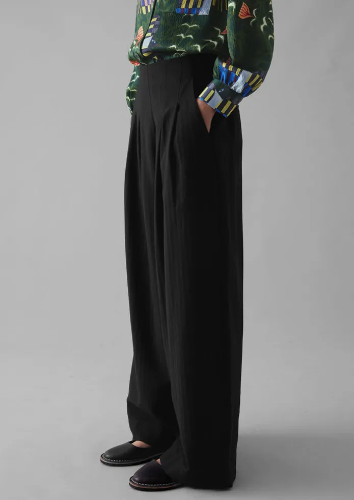 Corinne Wool Cotton Herringbone Wide Leg Trousers