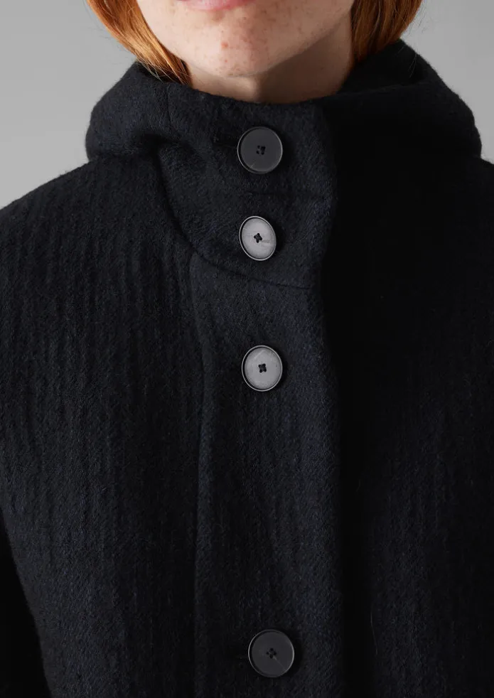 Navy Wool Hooded Coat