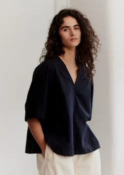 Textured Cotton Poplin V-Neck Top